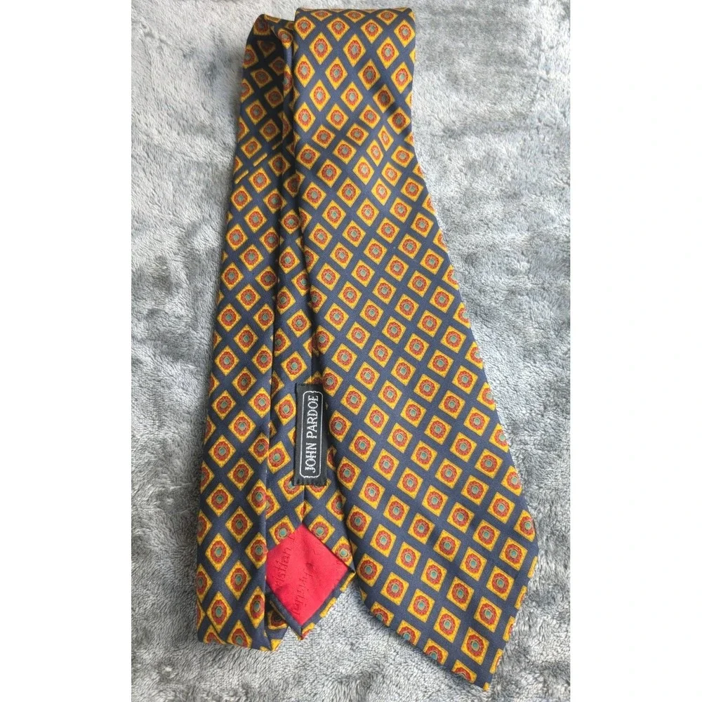 Vintage Christian Dior Silk‎ Tie Geometric Diamond Pattern Navy Yellow Red Green